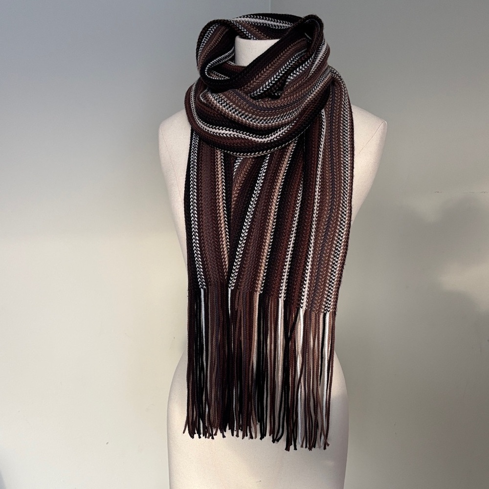 Brown, Black and Off White Striped Fringe Scarf
